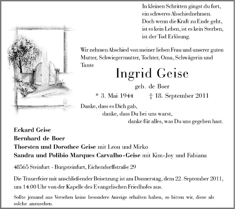  Traueranzeige für Ingrid Geise vom 20.09.2011 aus Westfälische Nachrichten