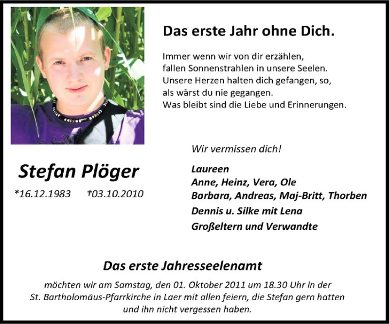  Traueranzeige für Stefan Plöger vom 24.09.2011 aus Westfälische Nachrichten