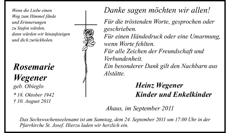  Traueranzeige für Rosemarie Wegener vom 23.09.2011 aus Westfälische Nachrichten