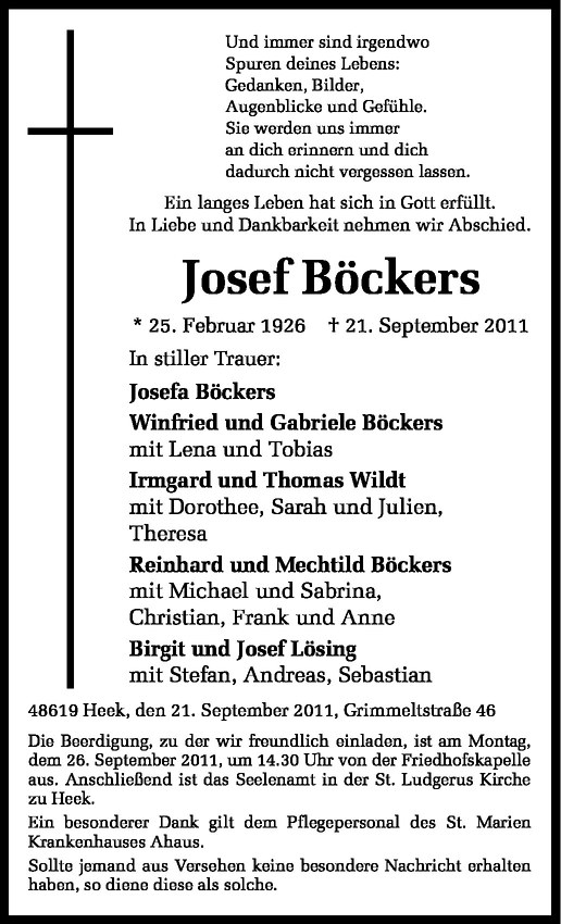  Traueranzeige für Josef Böckers vom 23.09.2011 aus Westfälische Nachrichten