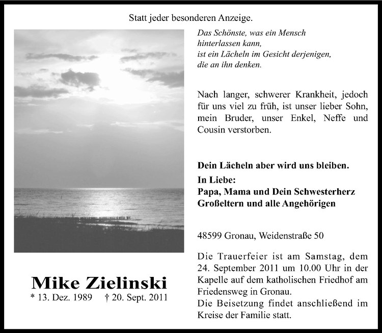  Traueranzeige für Mike Zielinski vom 23.09.2011 aus Westfälische Nachrichten