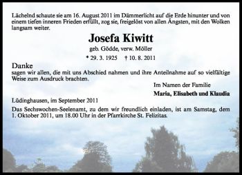Anzeige von Josefa Kiwitt von Westfälische Nachrichten