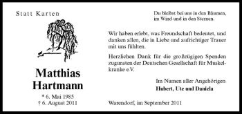 Anzeige von Matthias Hartmann von Westfälische Nachrichten