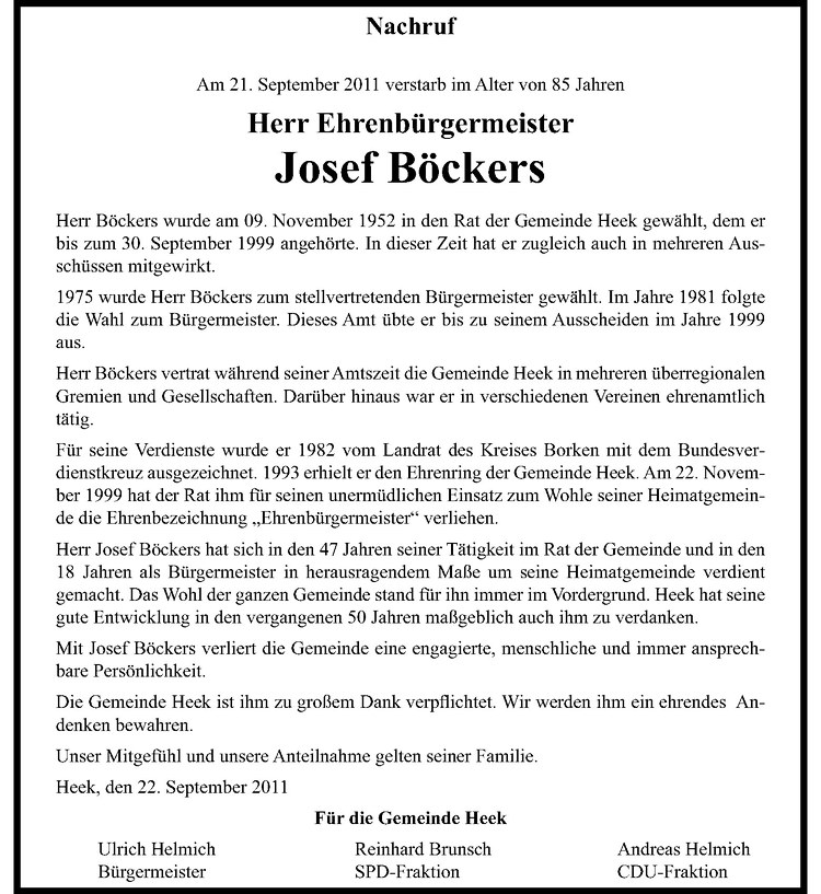  Traueranzeige für Josef Böckers vom 24.09.2011 aus Westfälische Nachrichten
