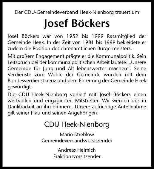  Traueranzeige für Josef Böckers vom 26.09.2011 aus Westfälische Nachrichten