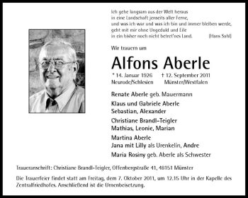 Anzeige von Alfons Aberle von Westfälische Nachrichten