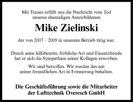  Traueranzeige für Mike Zielinski vom 28.09.2011 aus Westfälische Nachrichten