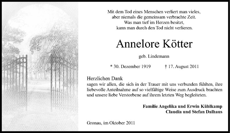  Traueranzeige für Annelore Kötter vom 01.10.2011 aus Westfälische Nachrichten