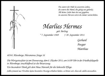 Anzeige von Marlies Hermes von Westfälische Nachrichten