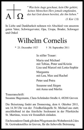 Anzeige von Wilhelm Cornelis von Westfälische Nachrichten