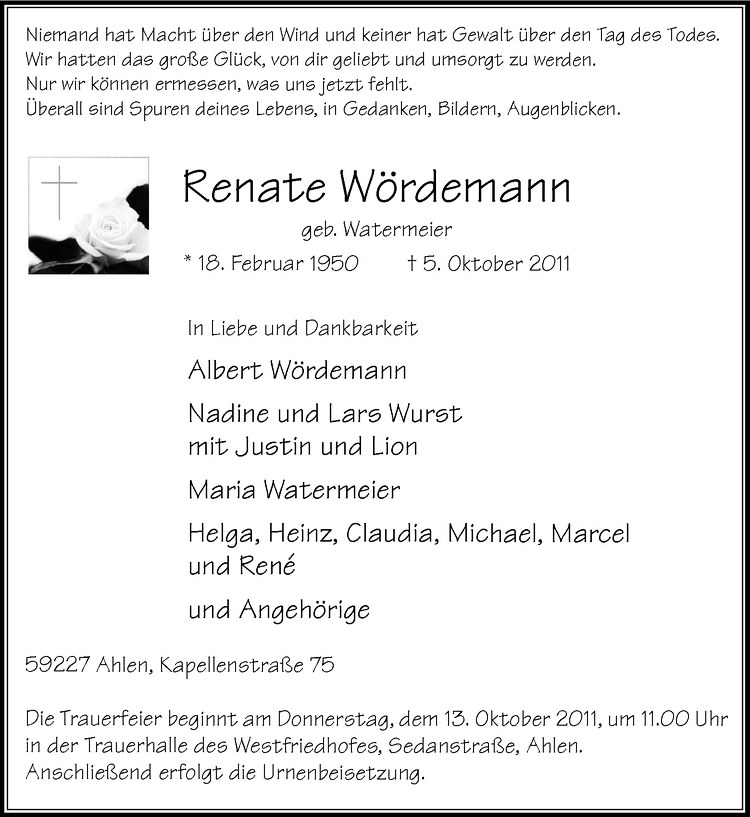  Traueranzeige für Renate Wördemann vom 08.10.2011 aus Westfälische Nachrichten