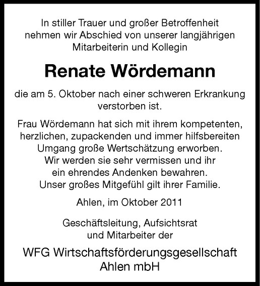  Traueranzeige für Renate Wördemann vom 10.10.2011 aus Westfälische Nachrichten