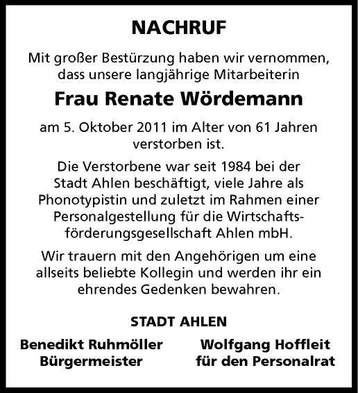  Traueranzeige für Renate Wördemann vom 11.10.2011 aus Westfälische Nachrichten