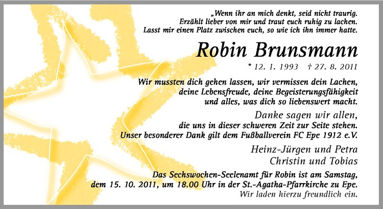  Traueranzeige für Robin Brunsmann vom 12.10.2011 aus Westfälische Nachrichten