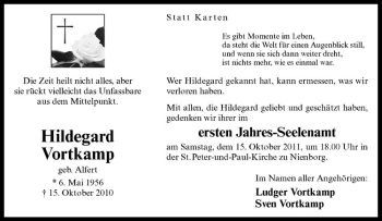 Anzeige von Hildegard Vortkamp von Westfälische Nachrichten