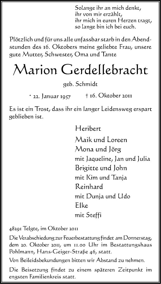  Traueranzeige für Marion Gerdellebracht vom 19.10.2011 aus Westfälische Nachrichten