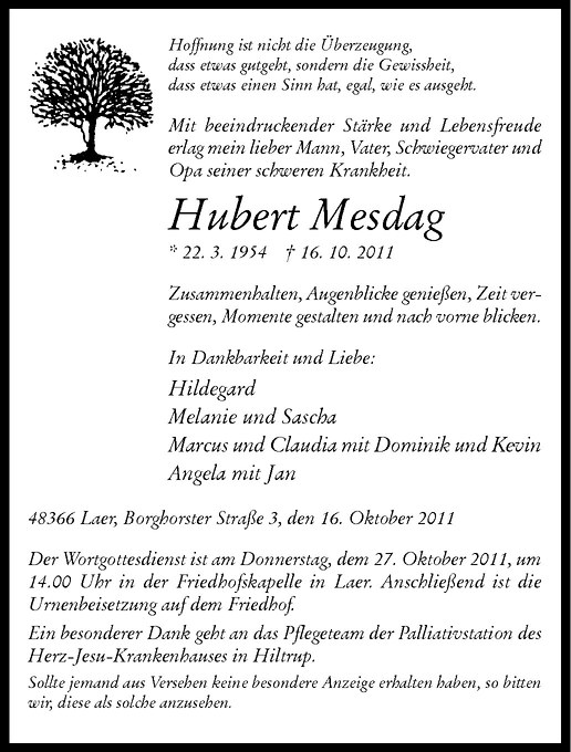  Traueranzeige für Hubert Mesdag vom 22.10.2011 aus Westfälische Nachrichten