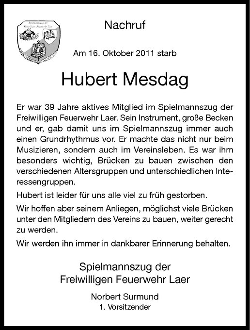  Traueranzeige für Hubert Mesdag vom 26.10.2011 aus Westfälische Nachrichten