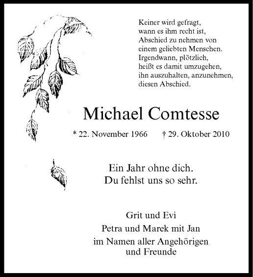  Traueranzeige für Michael Comtesse vom 29.10.2011 aus Westfälische Nachrichten