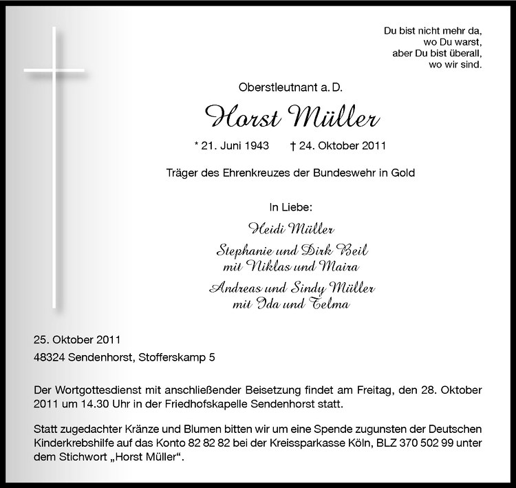  Traueranzeige für Horst Müller vom 27.10.2011 aus Westfälische Nachrichten