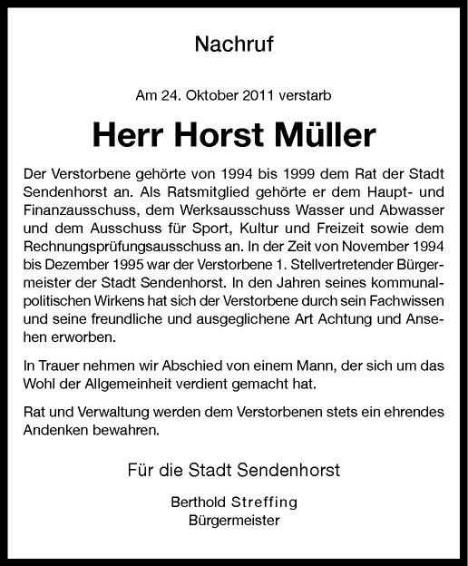  Traueranzeige für Horst Müller vom 28.10.2011 aus Westfälische Nachrichten