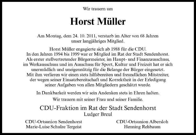 Traueranzeige für Horst Müller vom 29.10.2011 aus Westfälische Nachrichten