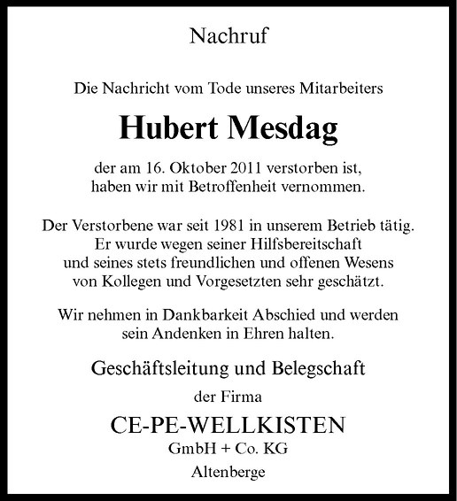  Traueranzeige für Hubert Mesdag vom 29.10.2011 aus Westfälische Nachrichten