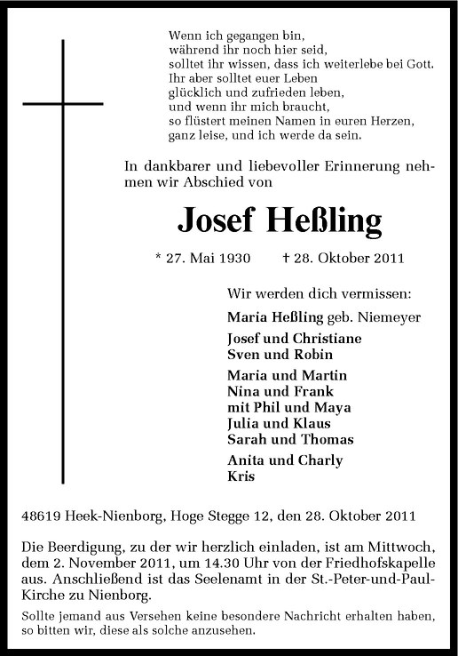 Traueranzeige für Josef Heßling vom 31.10.2011 aus Westfälische Nachrichten