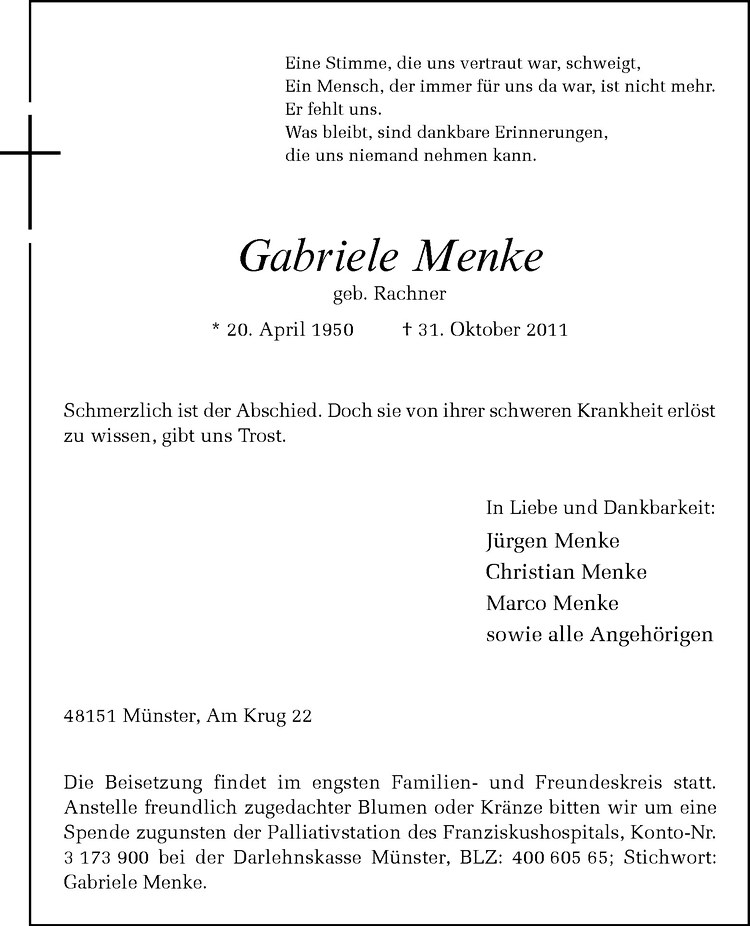  Traueranzeige für Gabriele Menke vom 04.11.2011 aus Westfälische Nachrichten