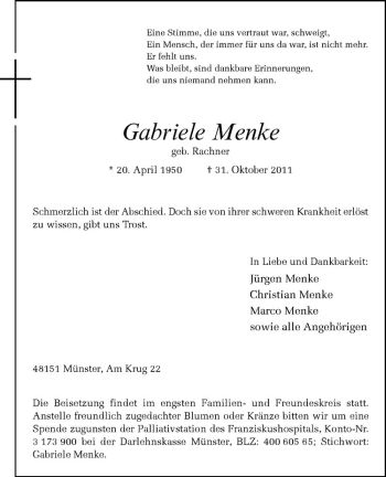 Anzeige von Gabriele Menke von Westfälische Nachrichten