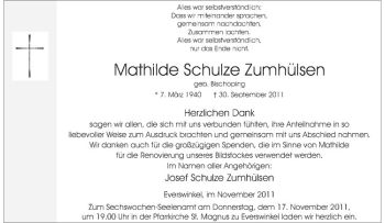 Anzeige von Mathilde Schulze Zumhülsen von Westfälische Nachrichten