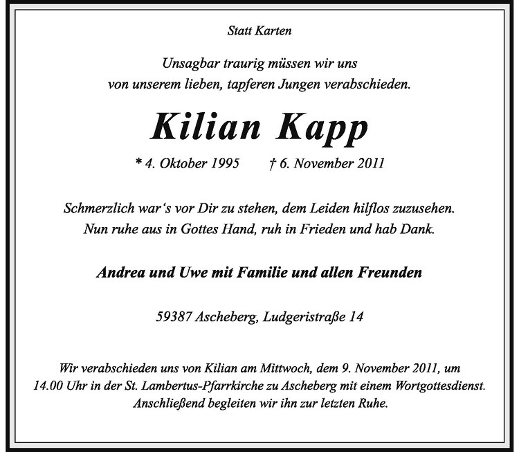  Traueranzeige für Kilian Kapp vom 07.11.2011 aus Westfälische Nachrichten
