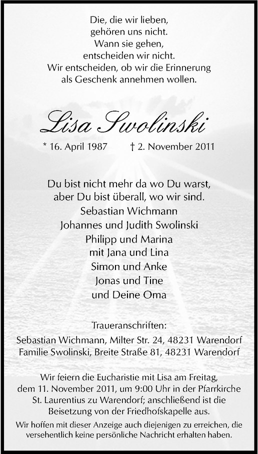  Traueranzeige für Lisa Swolinski vom 08.11.2011 aus Westfälische Nachrichten