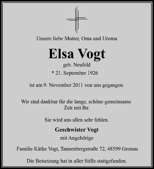  Traueranzeige für Elsa Vogt vom 21.11.2011 aus Westfälische Nachrichten