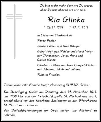 Anzeige von Ria Glinka von Westfälische Nachrichten