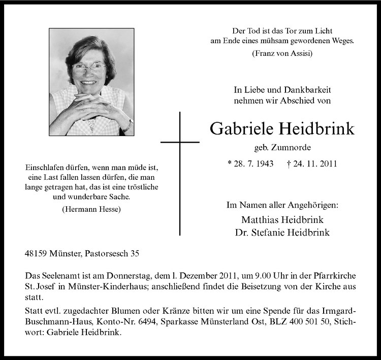  Traueranzeige für Gabriele Heidbrink vom 26.11.2011 aus Westfälische Nachrichten