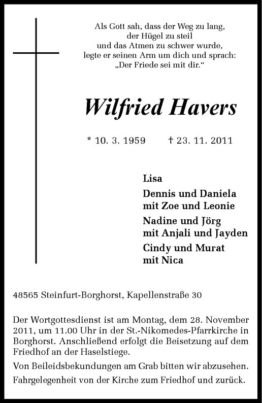  Traueranzeige für Wilfried Havers vom 26.11.2011 aus Westfälische Nachrichten