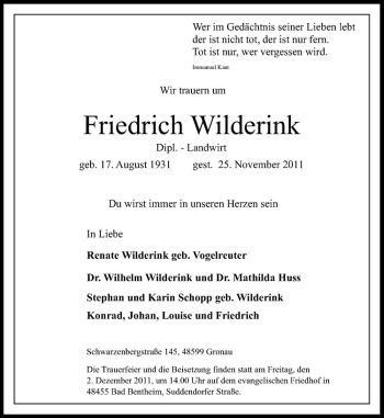 Anzeige von Friedrich Wilderink von Westfälische Nachrichten