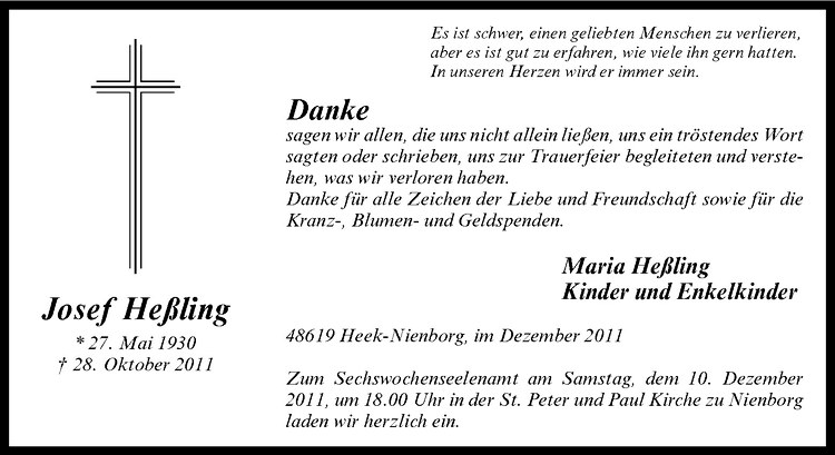  Traueranzeige für Josef Heßling vom 07.12.2011 aus Westfälische Nachrichten