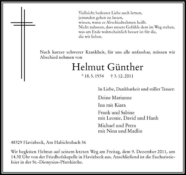  Traueranzeige für Helmut Günther vom 06.12.2011 aus Westfälische Nachrichten