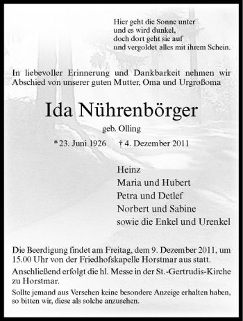 Anzeige von Ida Nührenbörger von Westfälische Nachrichten