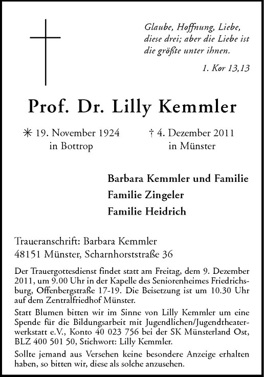  Traueranzeige für Lilly Kemmler vom 07.12.2011 aus Westfälische Nachrichten