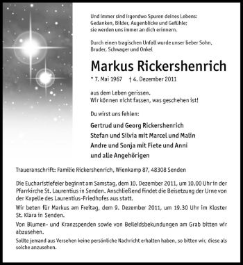 Anzeige von Markus Rickershenrich von Westfälische Nachrichten