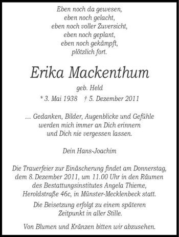 Anzeige von Erika Mackenthum von Westfälische Nachrichten