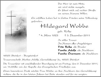 Anzeige von Hildegard Wobbe von Westfälische Nachrichten