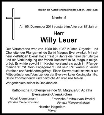 Anzeige von Willy Leuer von Westfälische Nachrichten