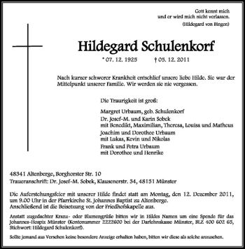 Anzeige von Hildegard Schulenkorf von Westfälische Nachrichten
