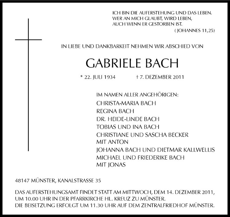  Traueranzeige für Gabriele Bach vom 10.12.2011 aus Westfälische Nachrichten