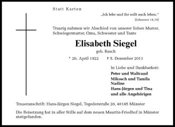 Anzeige von Elisabeth Siegel von Westfälische Nachrichten