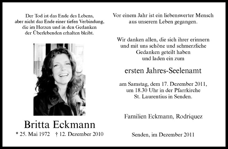  Traueranzeige für Britta Eckmann vom 10.12.2011 aus Westfälische Nachrichten